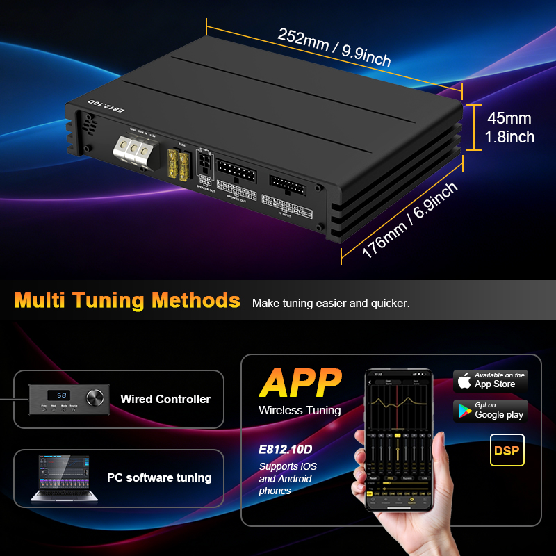 AudioWinner E812.10D dimensions with PC app and wired controller tuning