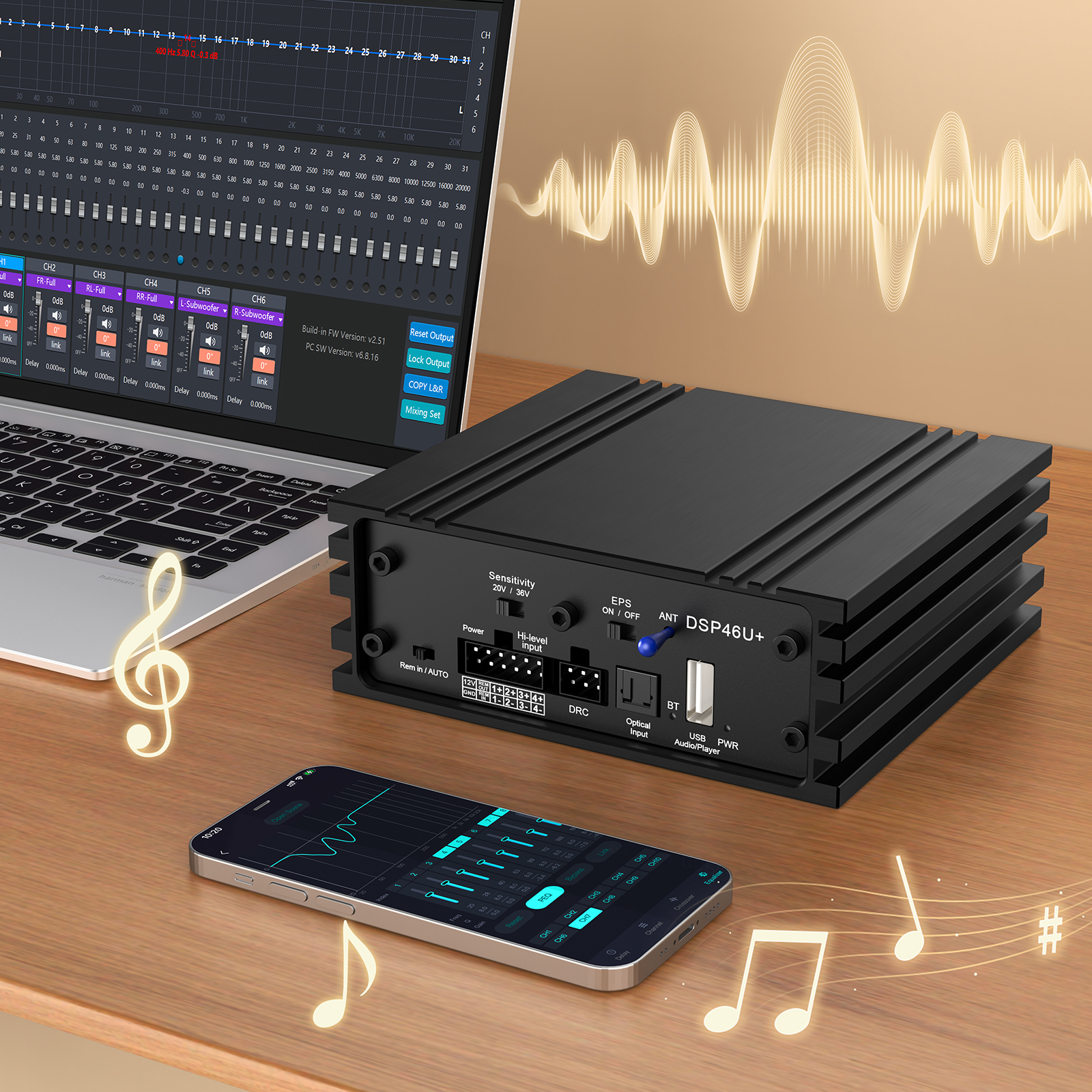 DSP46U Plus car audio DSP with PC and mobile app control