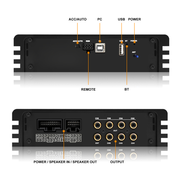 Audiowinner E48.8A 8 Channel DSP CAr Audio Processor with 8ch Class Ab Car Amplifier Controlled by App