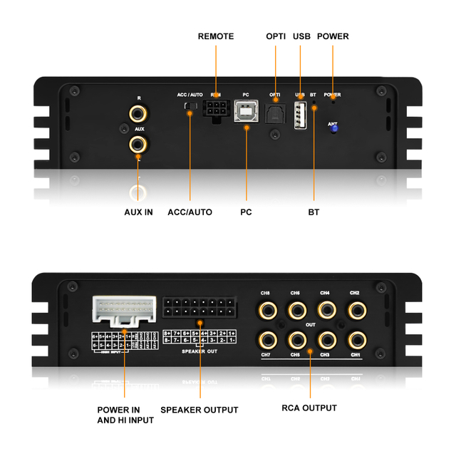 Audiowinner E68.8A Full Range Frequency 8-Channel DSP Car Processor with 8 Ch Class Ab Car Amplifier