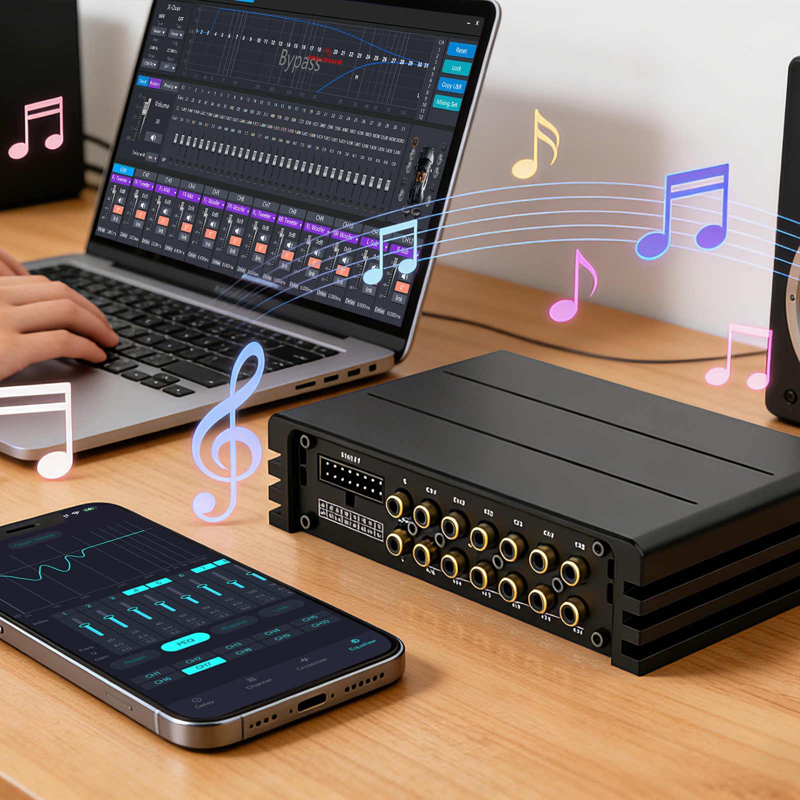 AudioWinner E812.8A 12 Channel Dsp Car Audio Processor with 8 CH Class AB Car Amplifier Wire Less Control