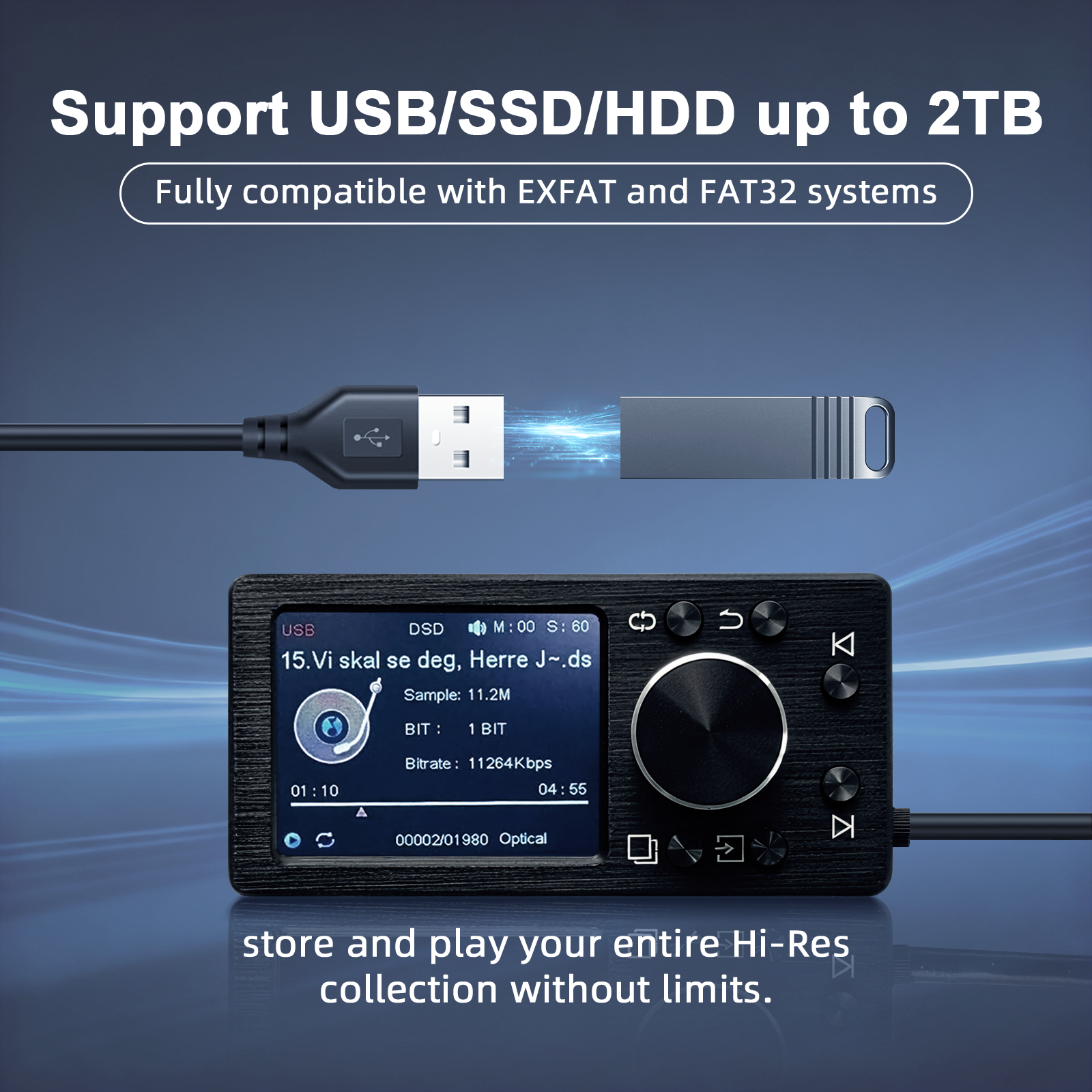 Audio Winner DSD256 Hi-Res Car DSP Controller, DSD256 Lossless Audio Player, Optical/Coaxial Output, 2TB Storage, 2” LCD Display for DSP Amplifier