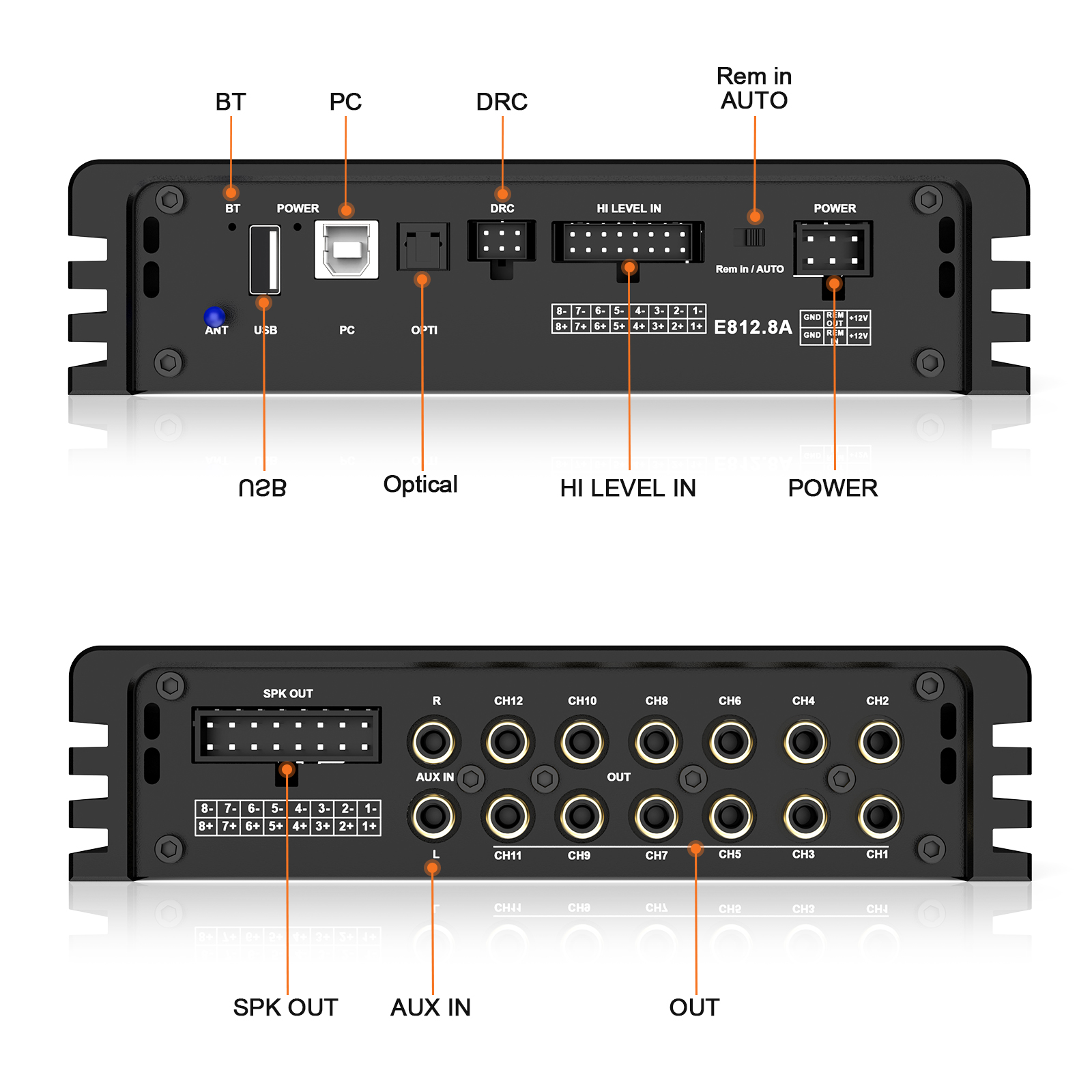 AudioWinner E812.8A 12 Channel Dsp Car Audio Processor with 8 CH Class AB Car Amplifier Wire Less Control