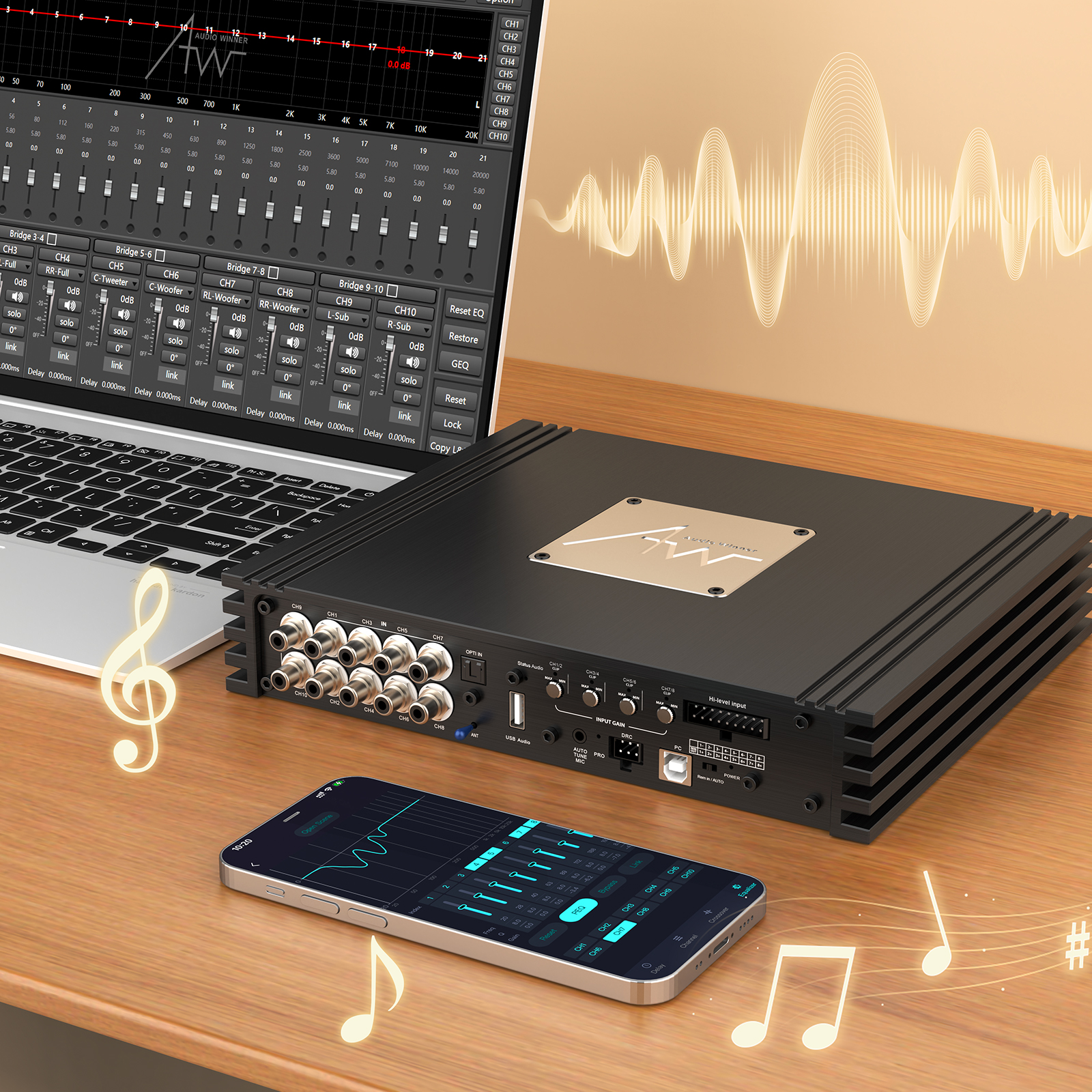Audio Winner T810.8L 10 CH Auto Tuning DSP Car Audio Processor with 8 Channel Hi Power Amplifier Controlled by Led Wire Controller And App