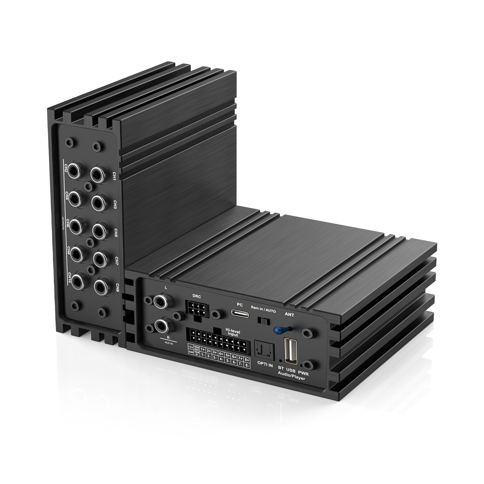 Product Views The product images below show the DSP810 housing, front panel, rear panel and RCA output layout for customer reference before sample purchase or project quotation.