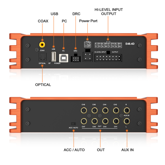 Audiowinner E48.4D Advanced DSP Car Amplifier - 4x50W with Full Digital Control and Extensive Inputs