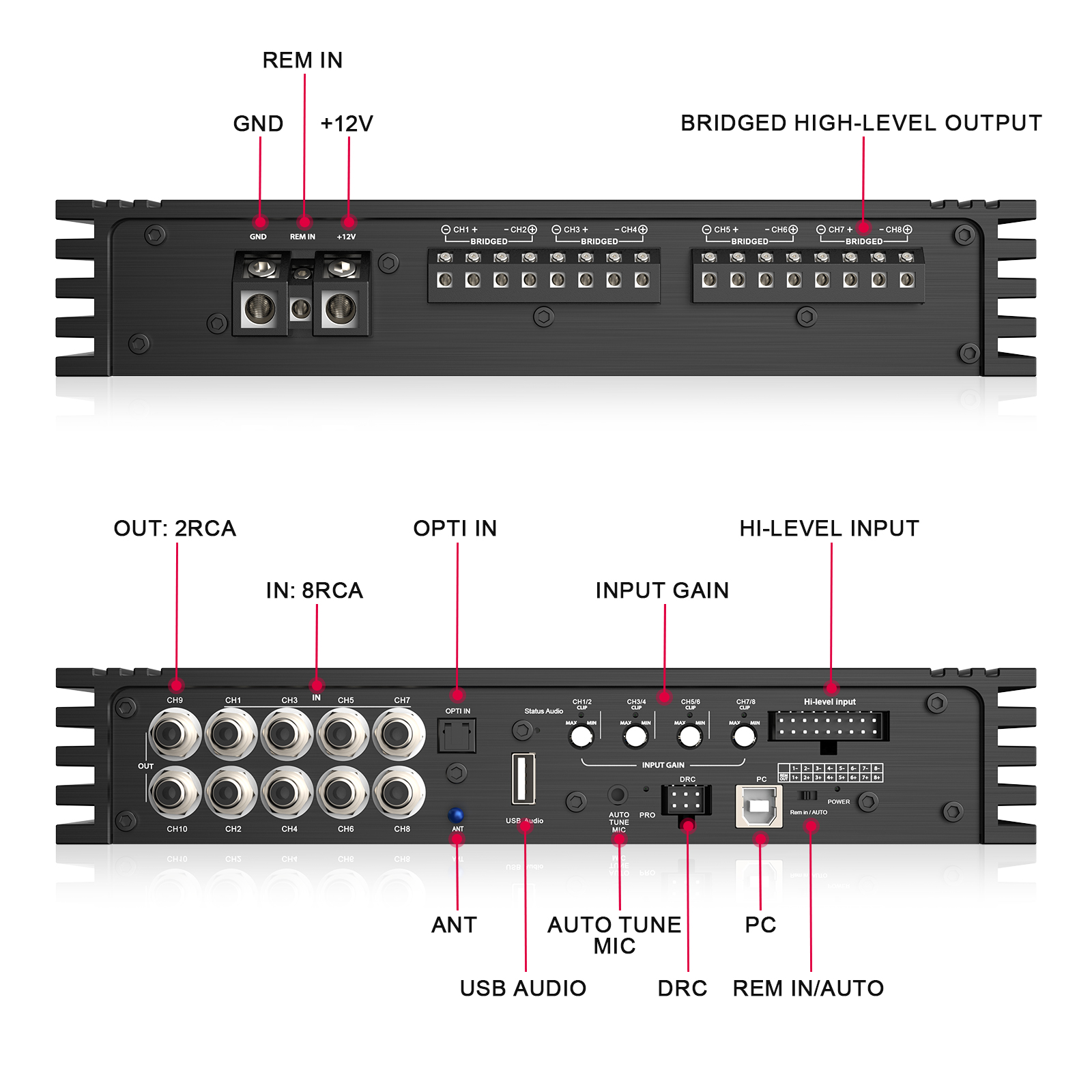 Audio Winner T810.8L 10 CH Auto Tuning DSP Car Audio Processor with 8 Channel Hi Power Amplifier Controlled by Led Wire Controller And App