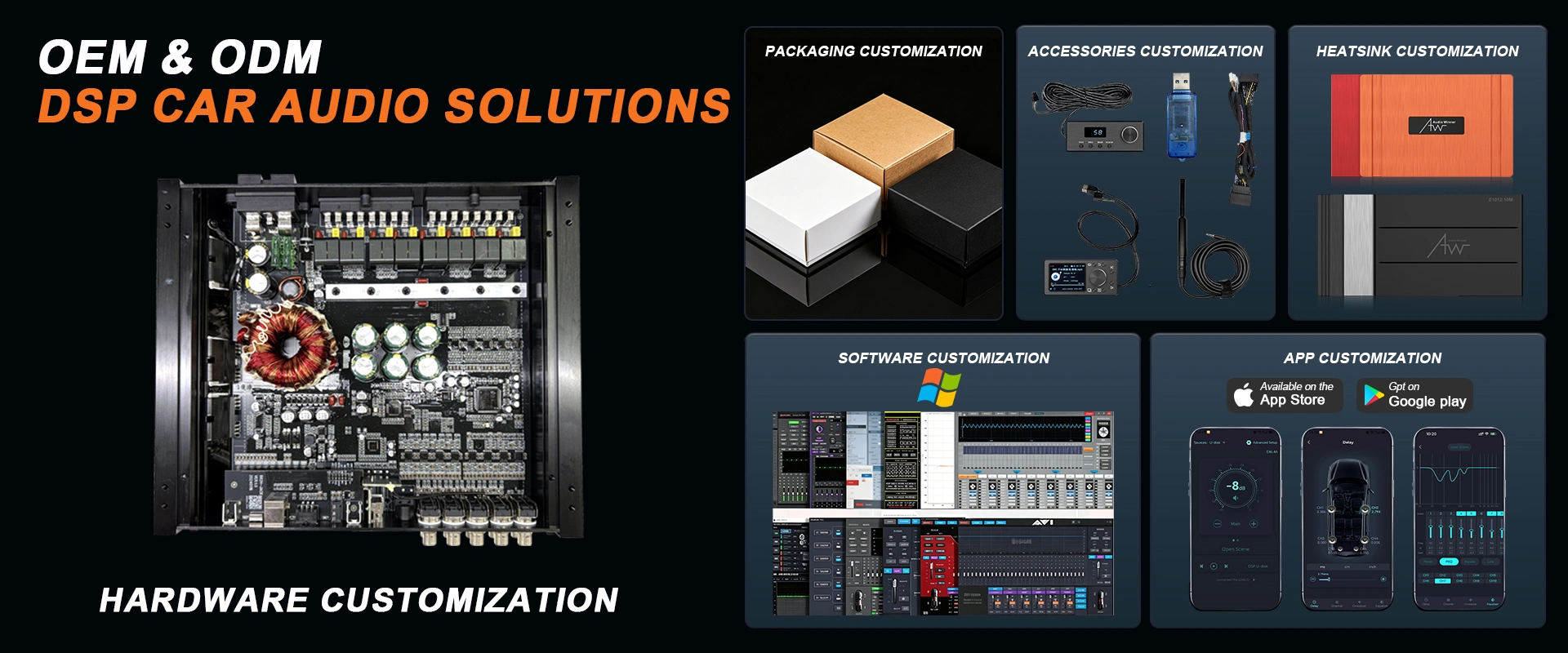 Professional OEM and ODM DSP car audio solutions with custom hardware, APP and PC software development